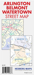 Arlington, Belmont, Watertown, Street Map, Hedberg Maps, Professor Pathfinder's, Massachusetts, regional ma, Boston area, major roadways, commuter rail lines, Parks, schools