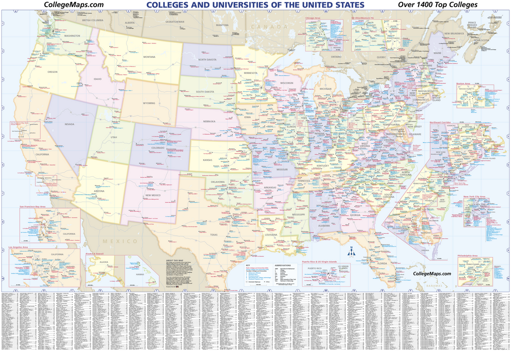 U.S. College & University Reference - Laminated Wall Map save on old editions: 2020 and 2017