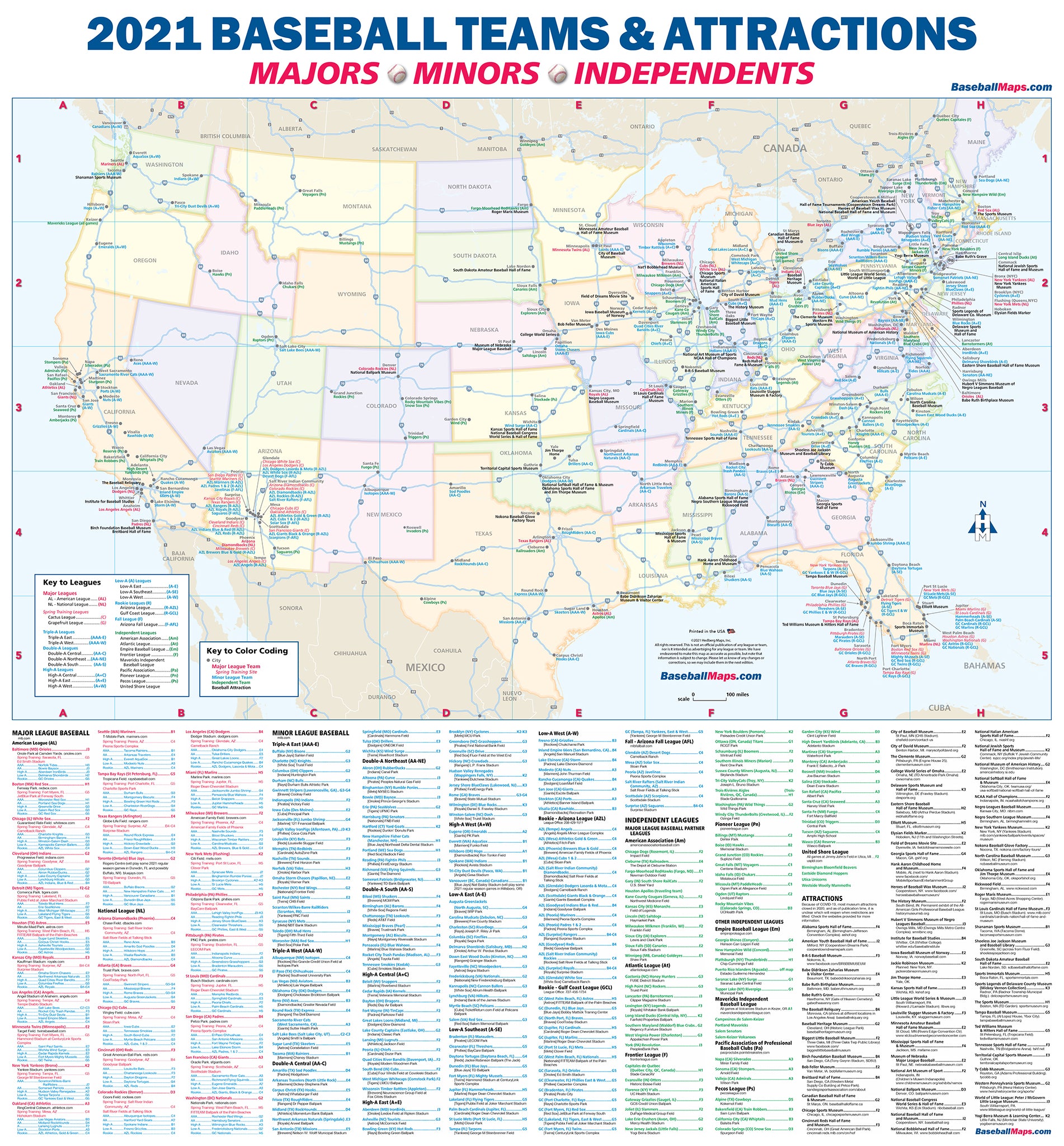 Baseball Map Above Baseball Teams and Attractions 2021 - laminated wall map – Hedberg Maps
